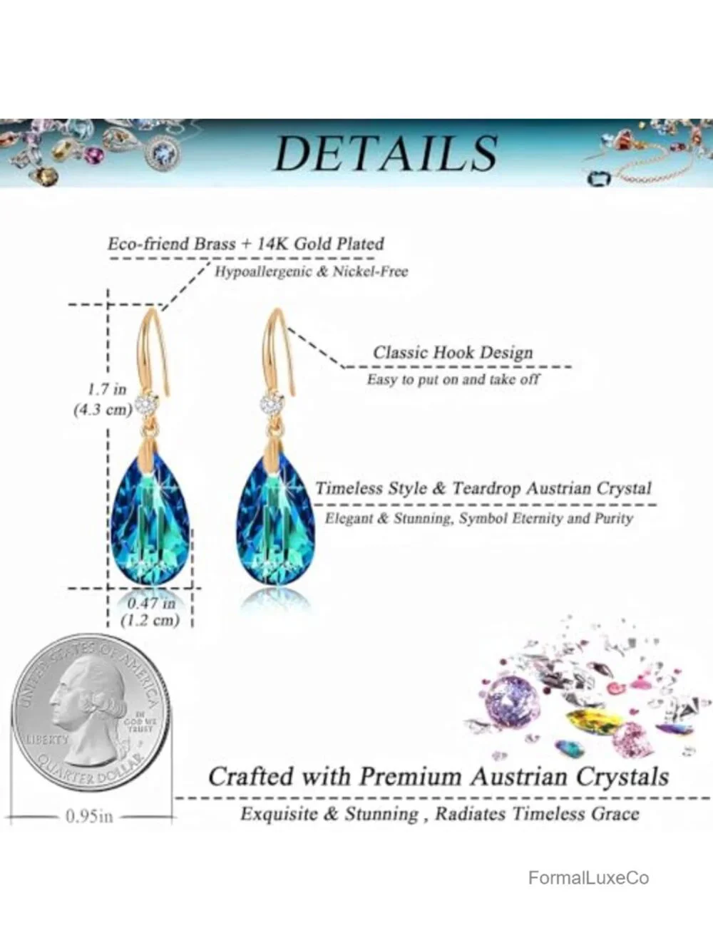 14K Gold Plated Crystal Teardrop Dangle Earrings Hypoallergenic Women Jewelry